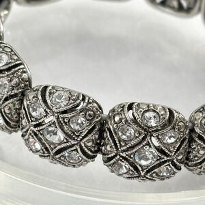 Monet Rhinestone Stretch Bracelet Silver Tone Domed Bead Statement Sparkly